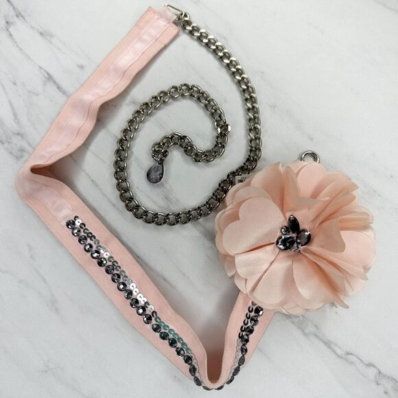 New York & Company Pink Flower Chain Link Belt Silver Tone Large/XL (L/XL) ✨ - Picture 1 of 12